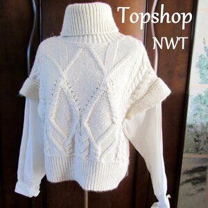 TOPSHOP SWEATER, NWT, OVERSIZED TURTLENECK, COTTON UNDERSLEEVES, OFF-WHITE CREAM